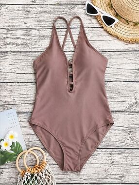 Brown One Piece Swimsuit Low Back Tie Front V Neck Minimalist Chic